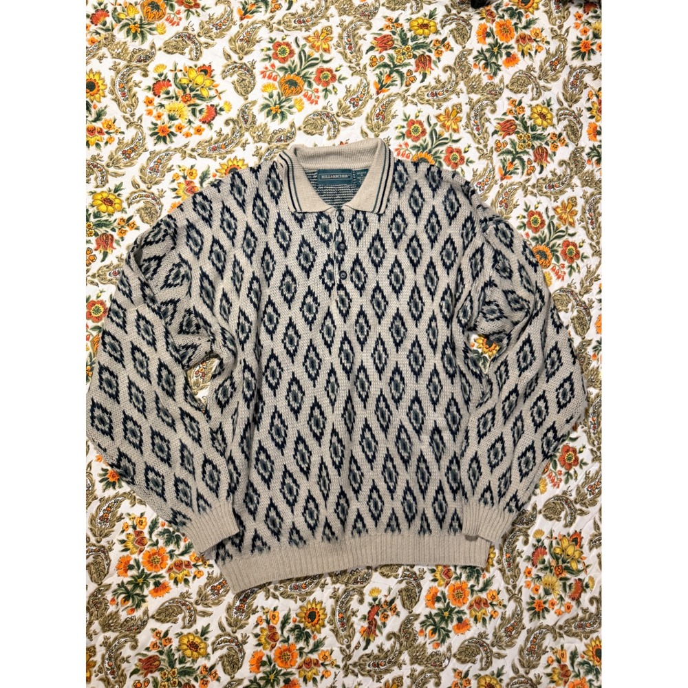 Vintage Hill & Archer Men XL Tan Navy Diamond Ikat Knit Polo Sweater Long Sleeve